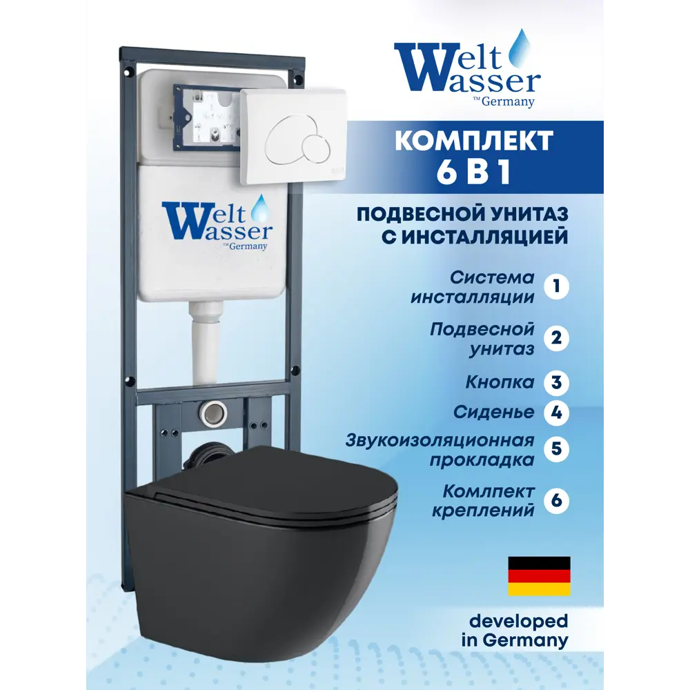 Фото Комплект инсталляция и унитаз Weltwasser MM41064 6 в 1: подвесной унитаз черный матовый, инсталляция, кнопка белая глянцевая овальная Фото Комплект инсталляция и унитаз Weltwasser MM41064 6 в 1: подвесной унитаз черный матовый, инсталляция, кнопка белая глянцевая овальная