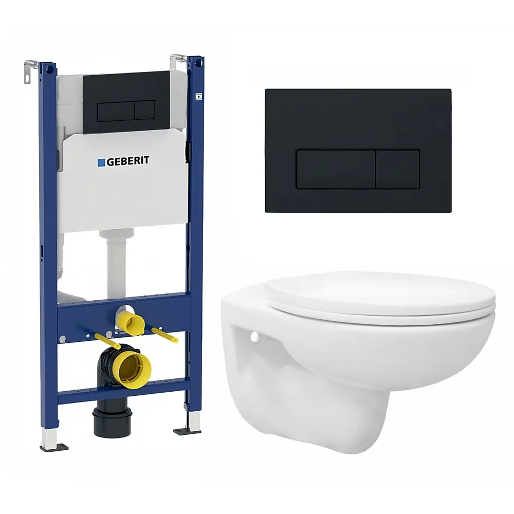 Фото Комплект инсталляция и унитаз 3 в 1: инсталляция Geberit Duofix с унитазом подвесной Ekos EN0170571 и кнопка черная матовая Фото Комплект инсталляция и унитаз 3 в 1: инсталляция Geberit Duofix с унитазом подвесной Ekos EN0170571 и кнопка черная матовая