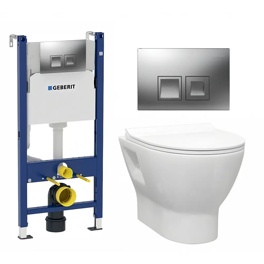 Фото Комплект инсталляция и унитаз 3 в 1: инсталляция Geberit Duofix с унитазом подвесной Enio Nativo EN1270551 и кнопка хром матовый