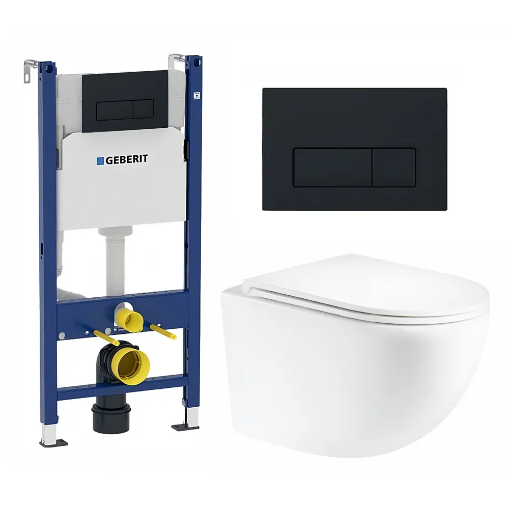Фото Комплект инсталляция и унитаз 3 в 1: инсталляция Geberit Duofix с унитазом подвесной Unico Tornado EN2105073 и кнопка черная матовая