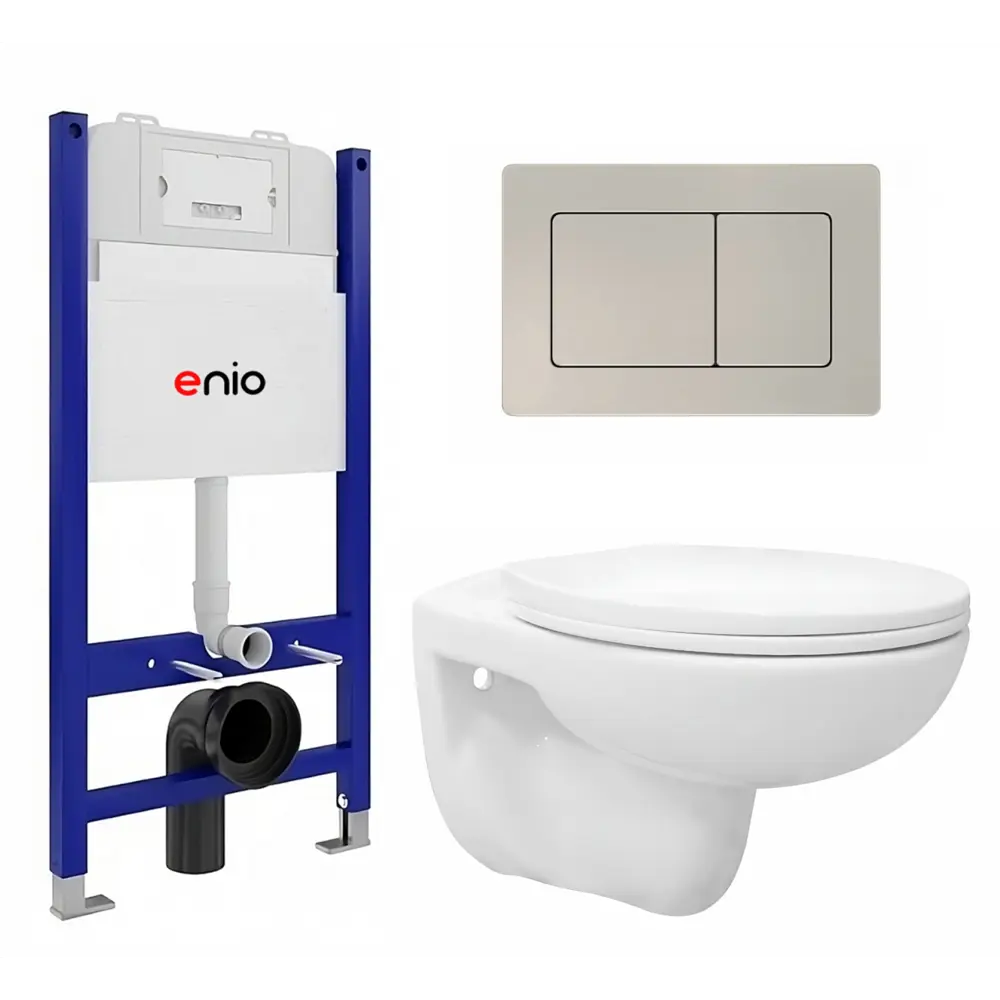 Фото Комплект инсталляция и унитаз 3 в 1: инсталляция Enio Tecnico EN8050050 с унитазом подвесной Ekos EN0170571 и кнопка матовая сталь Quadro Фото Комплект инсталляция и унитаз 3 в 1: инсталляция Enio Tecnico EN8050050 с унитазом подвесной Ekos EN0170571 и кнопка матовая сталь Quadro