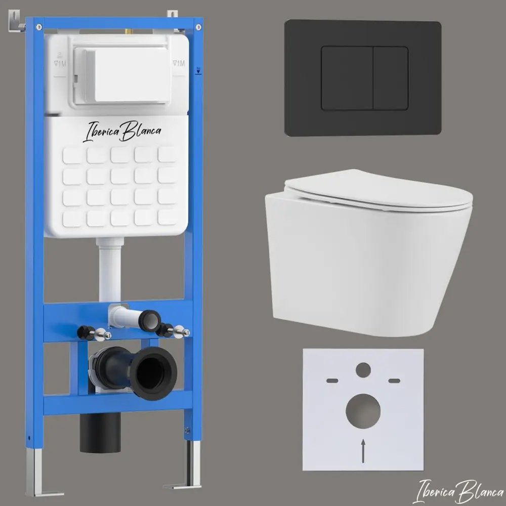 Фото Инсталляция с унитазом комплект Iberica Blanca торнадо безободковый Burgos Alto и клавиша черный матовый из нержавеющей стали IB001.BRA.234.112 Фото Инсталляция с унитазом комплект Iberica Blanca торнадо безободковый Burgos Alto и клавиша черный матовый из нержавеющей стали IB001.BRA.234.112