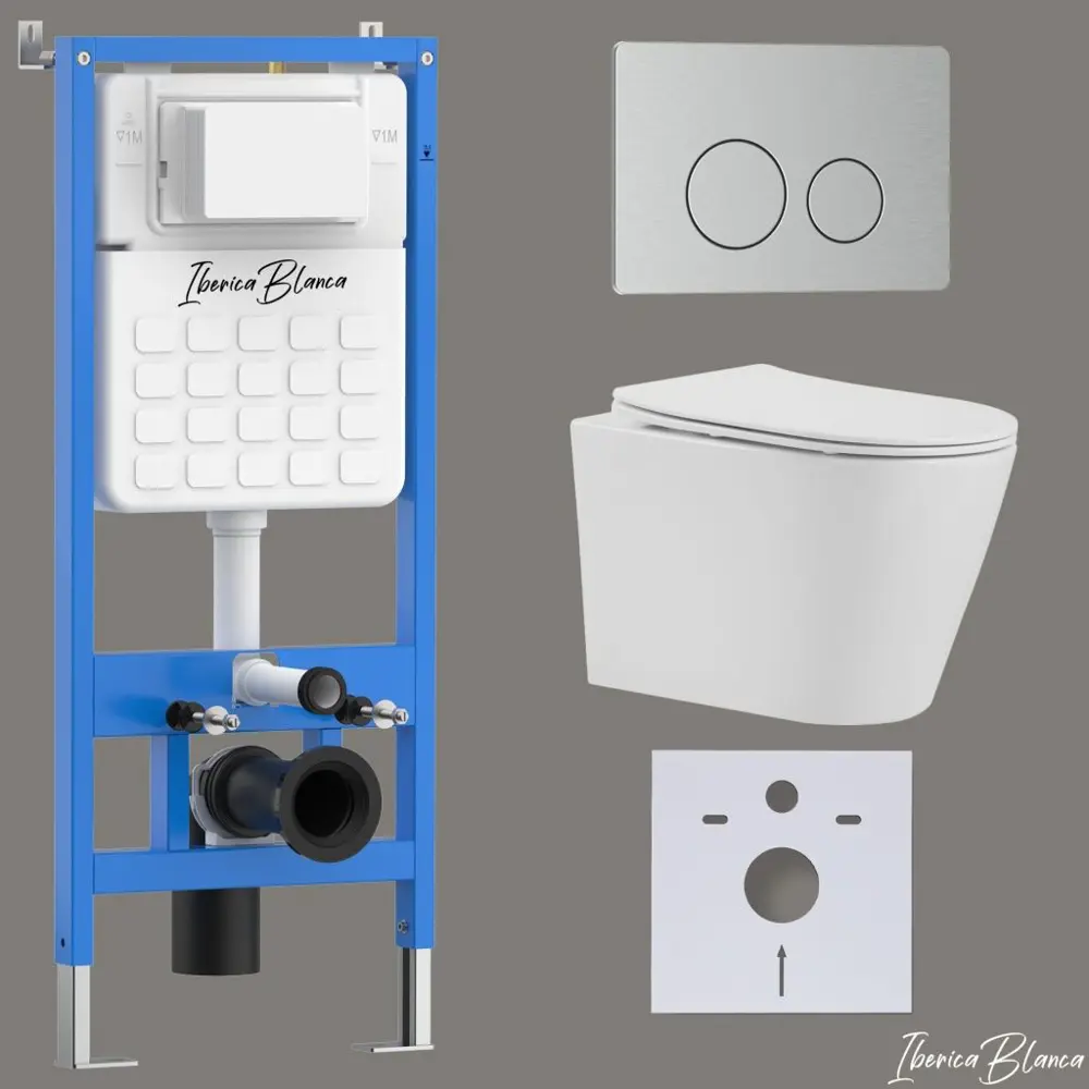 Фото Инсталляция с унитазом комплект Iberica Blanca торнадо безободковый Burgos Alto и клавиша хром матовый из нержавеющей стали IB001.BRA.234.8132 Фото Инсталляция с унитазом комплект Iberica Blanca торнадо безободковый Burgos Alto и клавиша хром матовый из нержавеющей стали IB001.BRA.234.8132