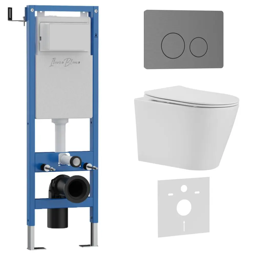 Фото Инсталляция с унитазом комплект Iberica Blanca безободковый Burgos Alto и клавиша серая нержавеющая сталь IB.001M.BRA.231.8180