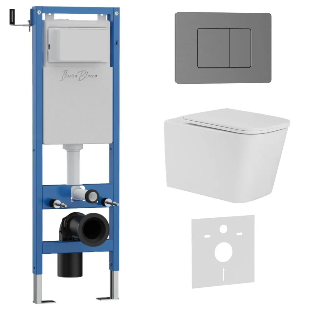 Фото Инсталляция с унитазом комплект Iberica Blanca безободковый Toledo Alto и клавиша серая нержавеющая сталь IB.001M.TLA.231.1180