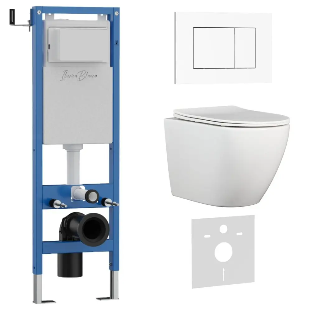 Фото Инсталляция с унитазом комплект Iberica Blanca Tornado безободковый Bilbao Alto и клавиша белый глянцевый IB.001M.BLA.234.855