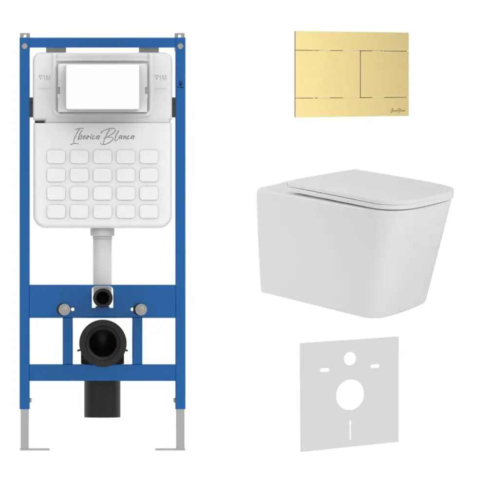 Фото Инсталляция с унитазом комплект Iberica Blanca Tornado безободковый Toledo Alto и клавиша золото матовое нержавеющая сталь IB001.TLA.234.1503