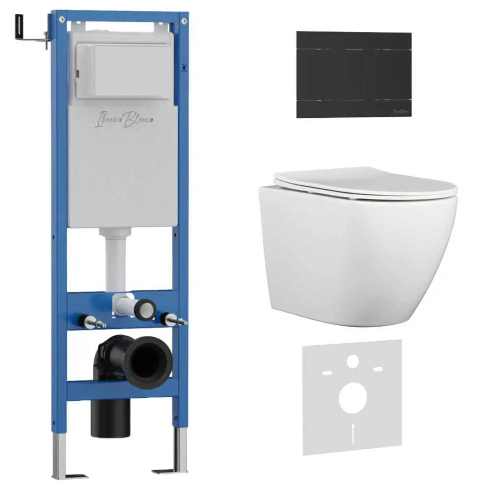 Фото Инсталляция с унитазом комплект Iberica Blanca безободковый Bilbao Alto и клавиша черный матовый нержавеющая сталь IB.001M.BLA.231.1504