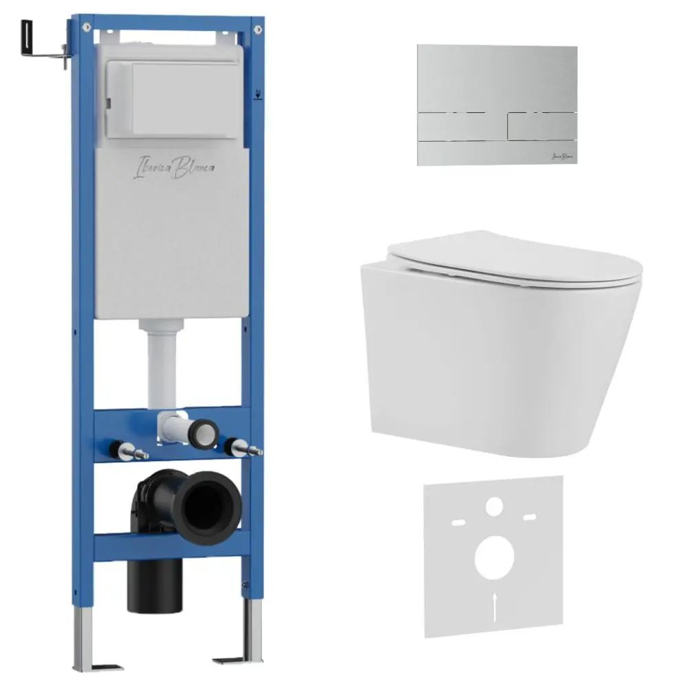 Фото Инсталляция с унитазом комплект Iberica Blanca Tornado безободковый Burgos Alto и клавиша хром матовый нержавеющая сталь IB.001M.BRA.234.1601