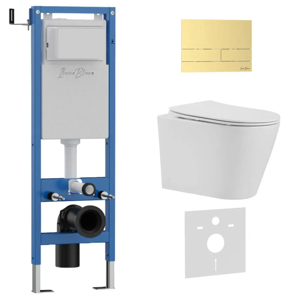 Фото Инсталляция с унитазом комплект Iberica Blanca Tornado безободковый Burgos Alto и клавиша золото матовое нержавеющая сталь IB.001M.BRA.234.1603