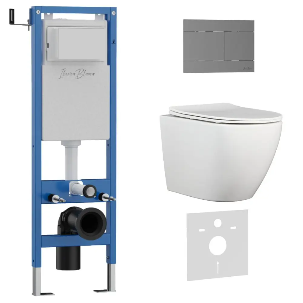 Фото Инсталляция с унитазом комплект Iberica Blanca Tornado безободковый Bilbao Alto и клавиша серая нержавеющая сталь IB.001M.BLA.234.1502