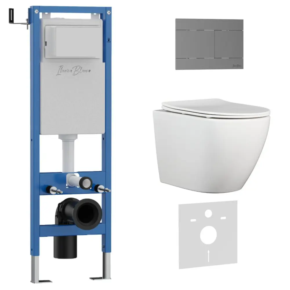 Фото Инсталляция с унитазом комплект Iberica Blanca безободковый Bilbao Alto и клавиша серая нержавеющая сталь IB.001M.BLA.231.1502 Фото Инсталляция с унитазом комплект Iberica Blanca безободковый Bilbao Alto и клавиша серая нержавеющая сталь IB.001M.BLA.231.1502