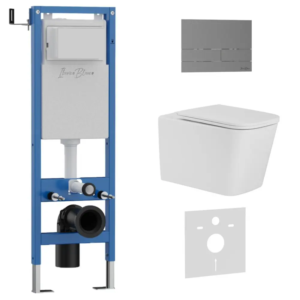 Фото Инсталляция с унитазом комплект Iberica Blanca Tornado безободковый Toledo Alto и клавиша серая нержавеющая сталь IB.001M.TLA.234.1602 Фото Инсталляция с унитазом комплект Iberica Blanca Tornado безободковый Toledo Alto и клавиша серая нержавеющая сталь IB.001M.TLA.234.1602