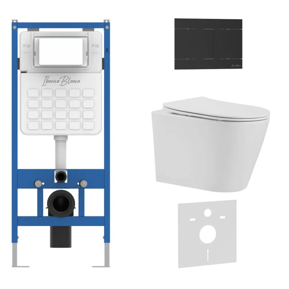 Фото Инсталляция с унитазом комплект Iberica Blanca Tornado безободковый Burgos Alto и клавиша черный матовый нержавеющая сталь IB001.BRA.234.1504