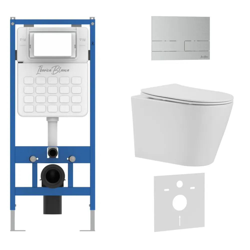 Фото Инсталляция с унитазом комплект Iberica Blanca безободковый Burgos Alto и клавиша хром матовый нержавеющая сталь IB001.BRA.231.1601 Фото Инсталляция с унитазом комплект Iberica Blanca безободковый Burgos Alto и клавиша хром матовый нержавеющая сталь IB001.BRA.231.1601