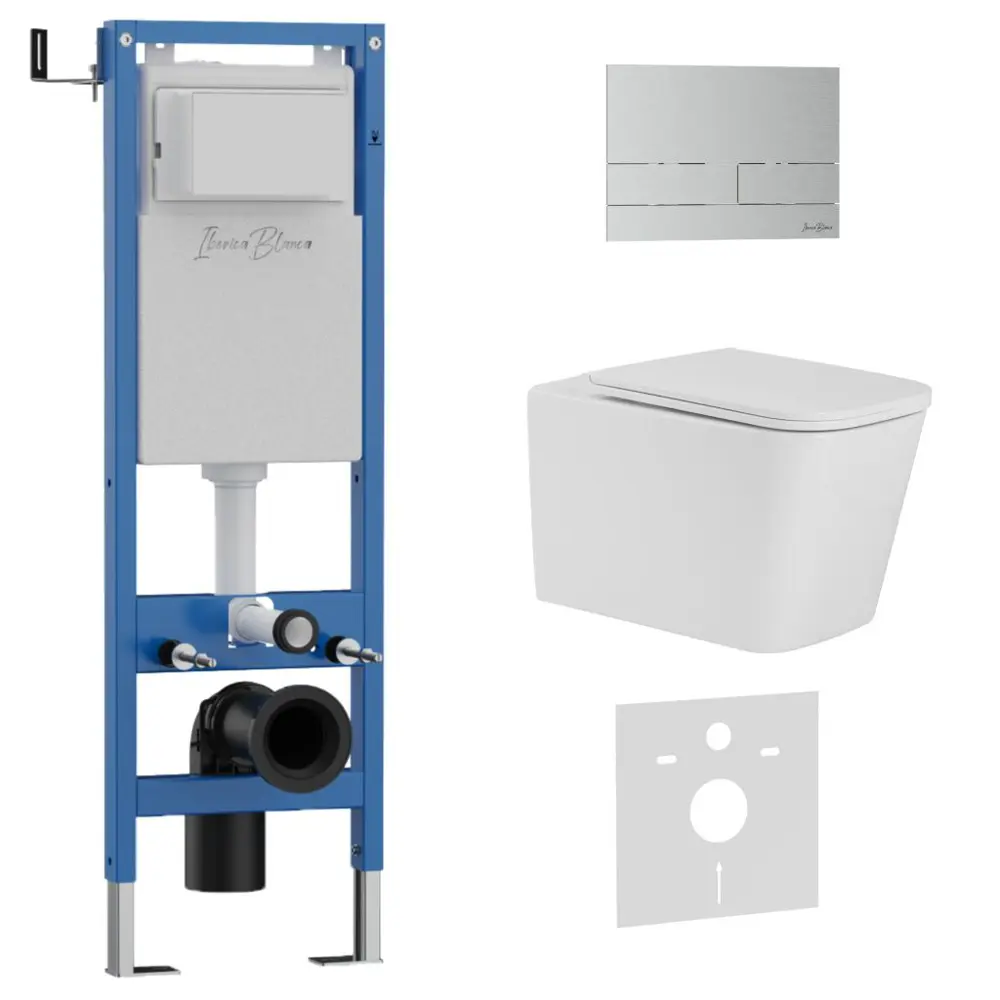 Фото Инсталляция с унитазом комплект Iberica Blanca безободковый Toledo Alto и клавиша хром матовый нержавеющая сталь IB.001M.TLA.231.1601 Фото Инсталляция с унитазом комплект Iberica Blanca безободковый Toledo Alto и клавиша хром матовый нержавеющая сталь IB.001M.TLA.231.1601