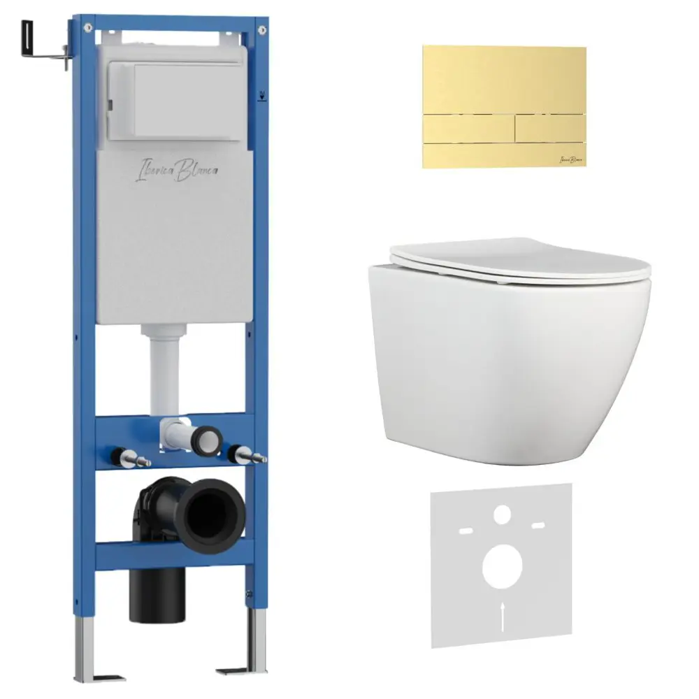 Фото Инсталляция с унитазом комплект Iberica Blanca безободковый Bilbao Alto и клавиша золото матовое нержавеющая сталь IB.001M.BLA.231.1603