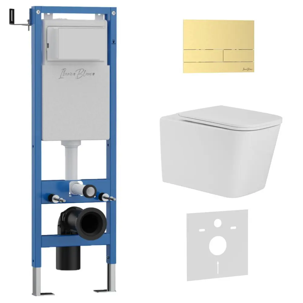 Фото Инсталляция с унитазом комплект Iberica Blanca Tornado безободковый Toledo Alto и клавиша золото матовое нержавеющая сталь IB.001M.TLA.234.1603