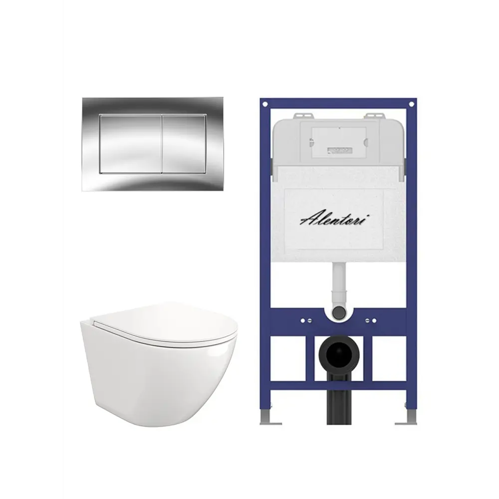 Фото 4 Инсталляция Alentori SISTEMA 52 AL.SIS11T с клавишей CHIAVE A гл/хром AL.CHI012CH Alentori FLUIRE 110 Vortex унитаз с микролифтом глянцевый белый