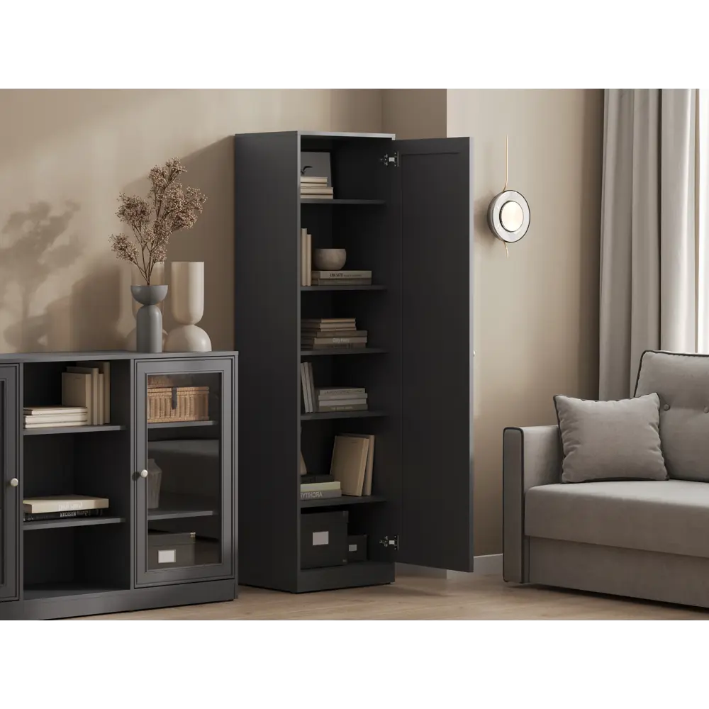 Фото 4 Шкаф распашной Правила мебели 50.2x180.6x40.1 см ЛДСП цвет графит Фото 4 Шкаф распашной Правила мебели 50.2x180.6x40.1 см ЛДСП цвет графит