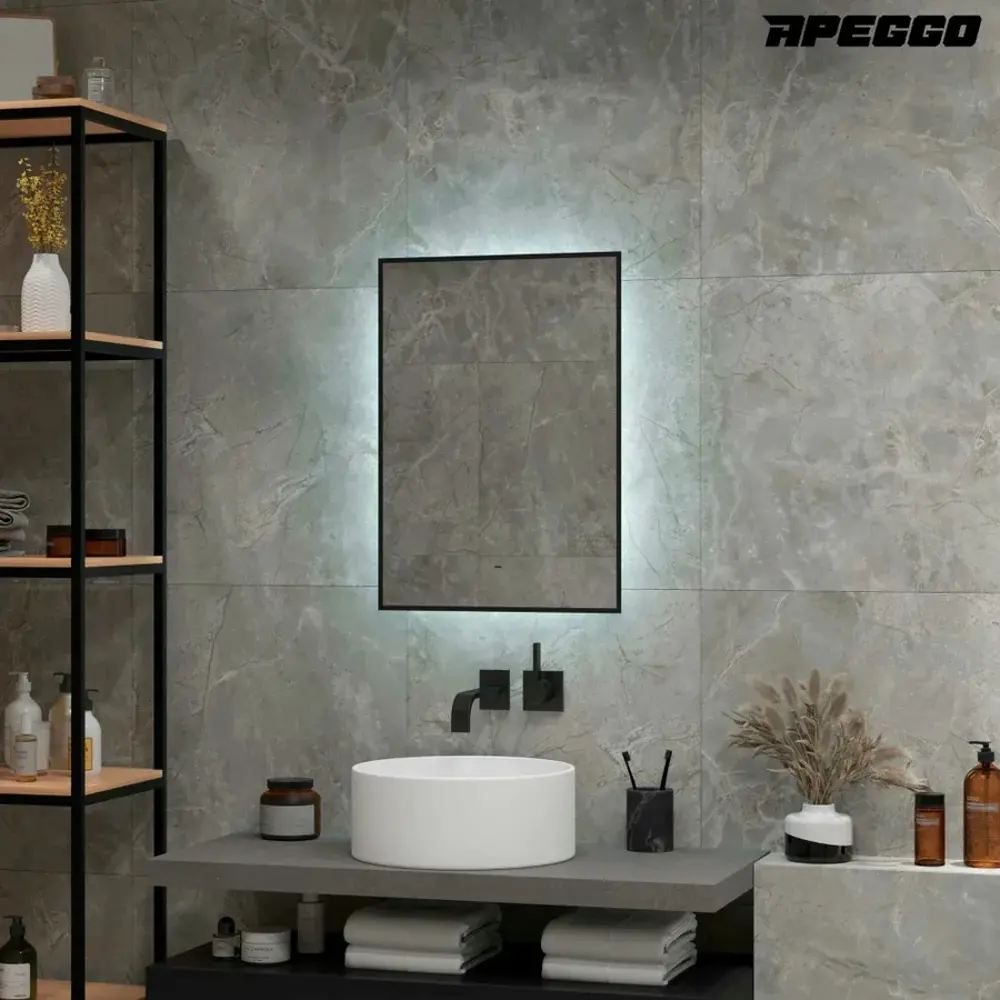 Фото Зеркало для ванной Apeggo Alessia Led 60x70 GG90036 с фоновой подсветкой, бесконтактным сенсором, черной окантовкой Фото Зеркало для ванной Apeggo Alessia Led 60x70 GG90036 с фоновой подсветкой, бесконтактным сенсором, черной окантовкой