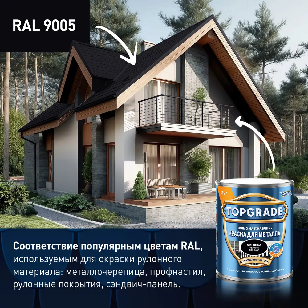 Фото 4 Грунт-эмаль по металлу 3 в 1 Topgrade гладкая цвет черный 5 л