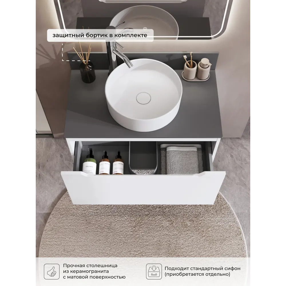 Фото 4 Тумба со столешницей подвесная Итана Alara 80 80.5x45.4x41 белый глянец Фото 4 Тумба со столешницей подвесная Итана Alara 80 80.5x45.4x41 белый глянец