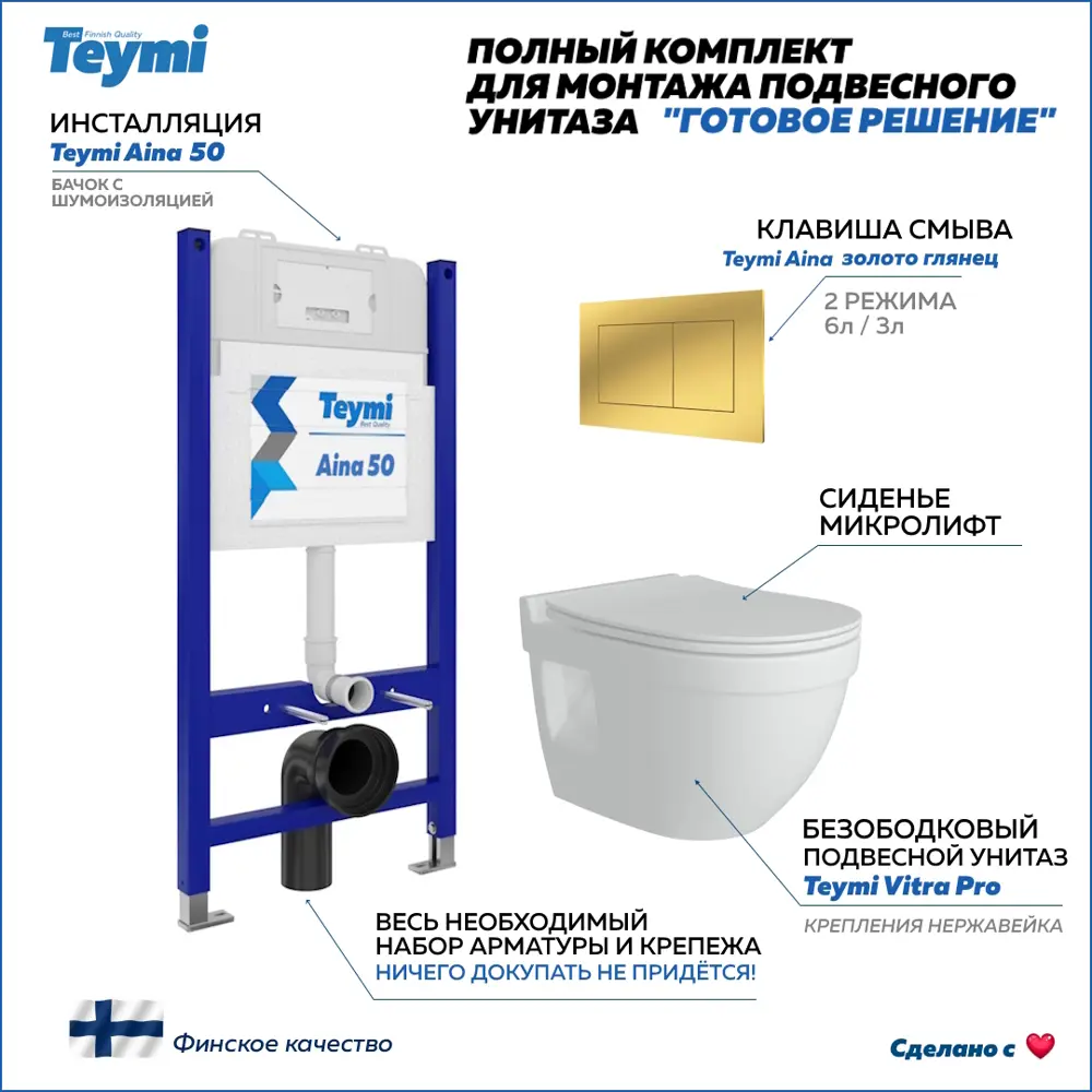 Фото Инсталляция с унитазом комплект 5 в 1 Teymi F16076 унитаз подвесной безободковый Vitra Pro кнопка золото Фото Инсталляция с унитазом комплект 5 в 1 Teymi F16076 унитаз подвесной безободковый Vitra Pro кнопка золото