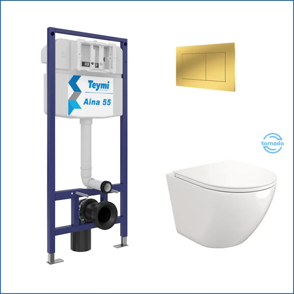 Фото 2 Инсталляция с унитазом комплект 5 в 1 Teymi F16080 унитаз подвесной безободковый торнадо Lina Vortex кнопка золото Фото 2 Инсталляция с унитазом комплект 5 в 1 Teymi F16080 унитаз подвесной безободковый торнадо Lina Vortex кнопка золото