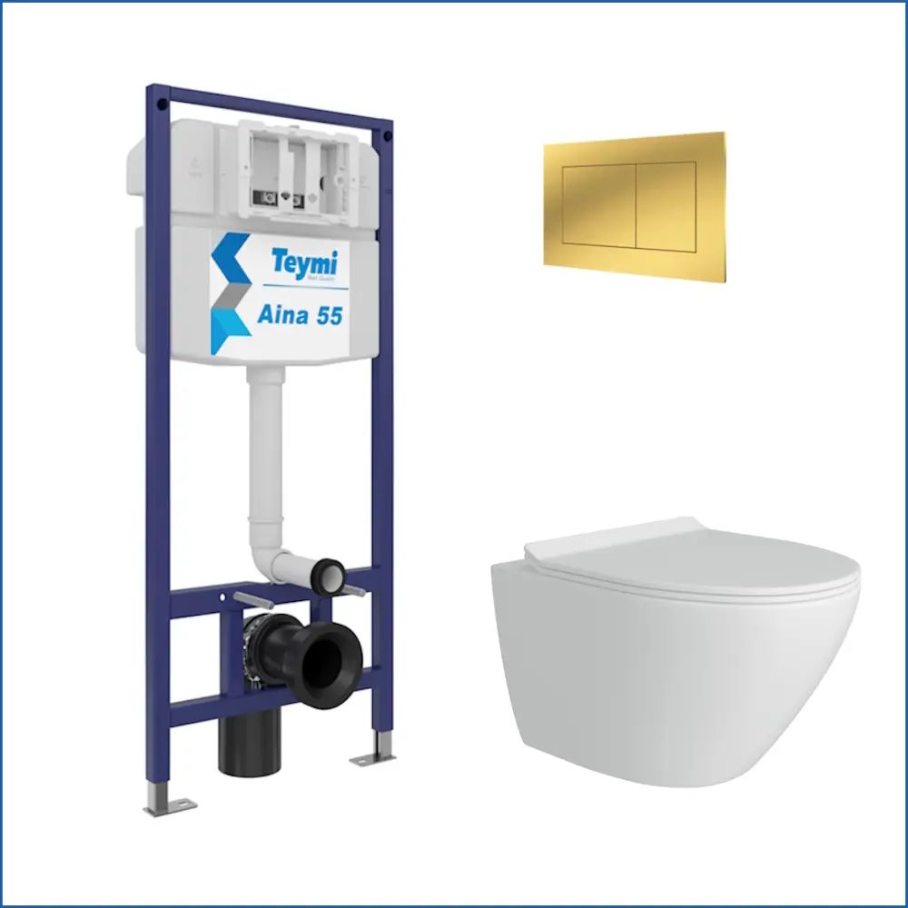 Фото 2 Инсталляция с унитазом комплект 5 в 1 Teymi F16083 унитаз подвесной безободковый Lina Pro кнопка золото Фото 2 Инсталляция с унитазом комплект 5 в 1 Teymi F16083 унитаз подвесной безободковый Lina Pro кнопка золото