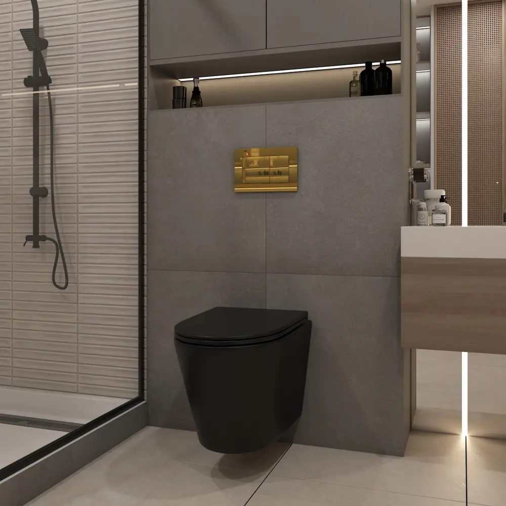 Фото 4 Инсталляция с унитазом комплект 5 в 1 Teymi F16089 унитаз подвесной безободковый черный Solli Black кнопка золото Фото 4 Инсталляция с унитазом комплект 5 в 1 Teymi F16089 унитаз подвесной безободковый черный Solli Black кнопка золото