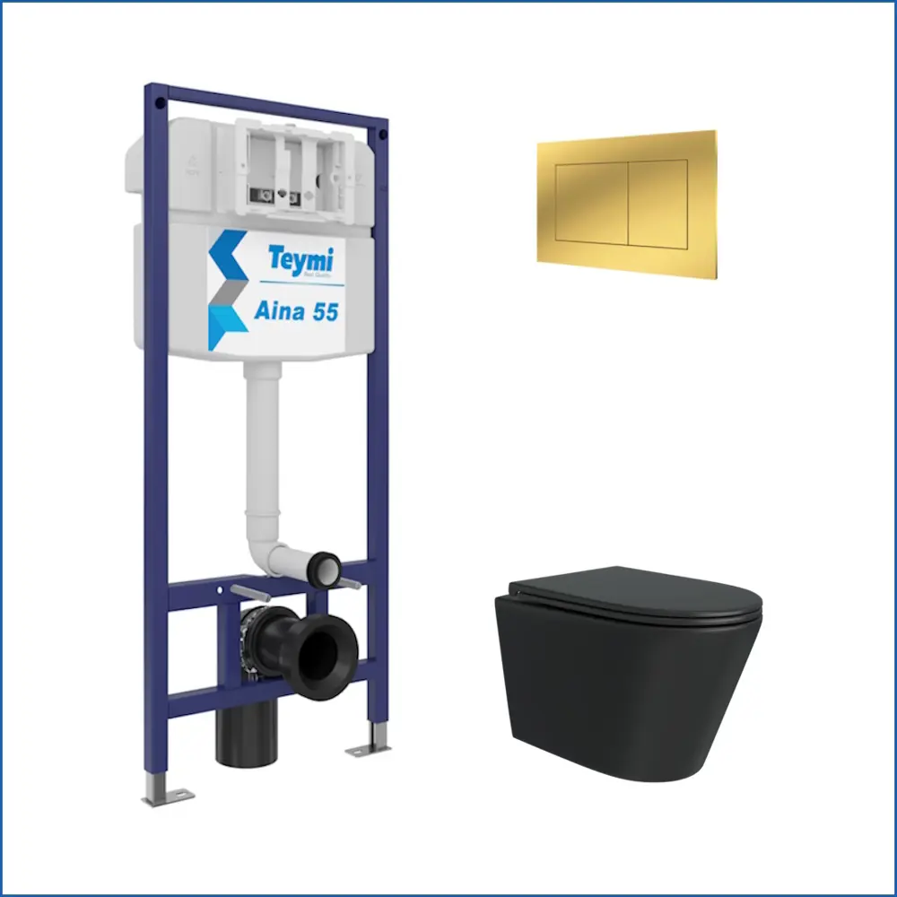 Фото 2 Инсталляция с унитазом комплект 5 в 1 Teymi F16089 унитаз подвесной безободковый черный Solli Black кнопка золото Фото 2 Инсталляция с унитазом комплект 5 в 1 Teymi F16089 унитаз подвесной безободковый черный Solli Black кнопка золото