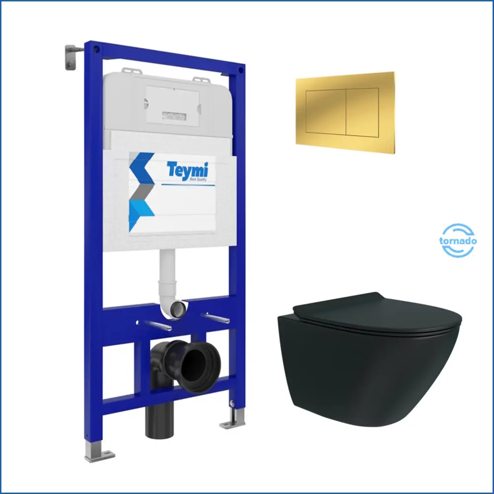 Фото 2 Инсталляция с унитазом комплект 5 в 1 Teymi F16096 унитаз подвесной безободковый торнадо черный Lina Pro Vortex Black кнопка золото Фото 2 Инсталляция с унитазом комплект 5 в 1 Teymi F16096 унитаз подвесной безободковый торнадо черный Lina Pro Vortex Black кнопка золото