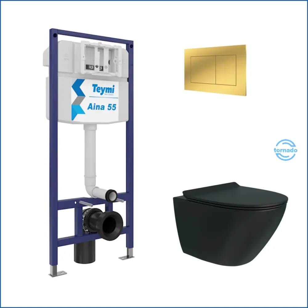 Фото 2 Инсталляция с унитазом комплект 5 в 1 Teymi F16098 унитаз подвесной безободковый торнадо черный Lina Pro Vortex Black кнопка золото Фото 2 Инсталляция с унитазом комплект 5 в 1 Teymi F16098 унитаз подвесной безободковый торнадо черный Lina Pro Vortex Black кнопка золото