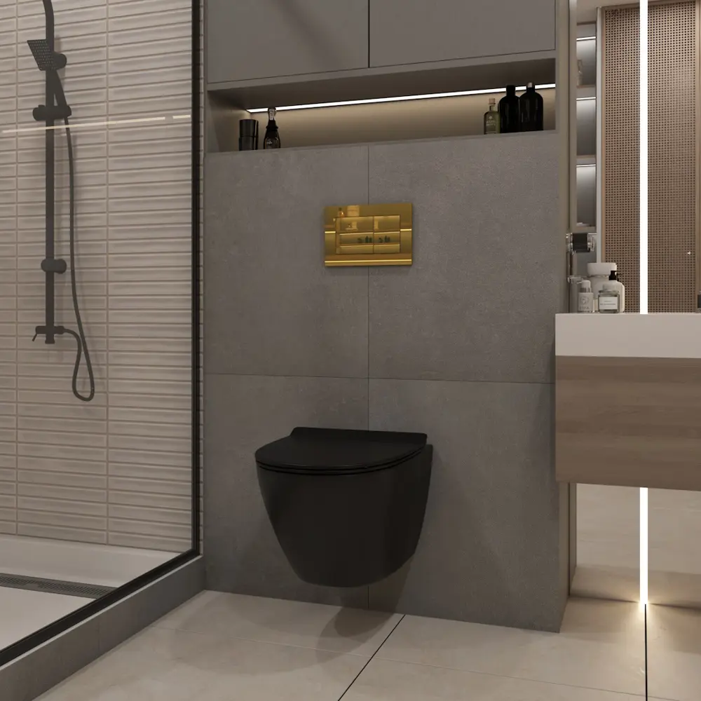 Фото 4 Инсталляция с унитазом комплект 5 в 1 Teymi F16098 унитаз подвесной безободковый торнадо черный Lina Pro Vortex Black кнопка золото Фото 4 Инсталляция с унитазом комплект 5 в 1 Teymi F16098 унитаз подвесной безободковый торнадо черный Lina Pro Vortex Black кнопка золото