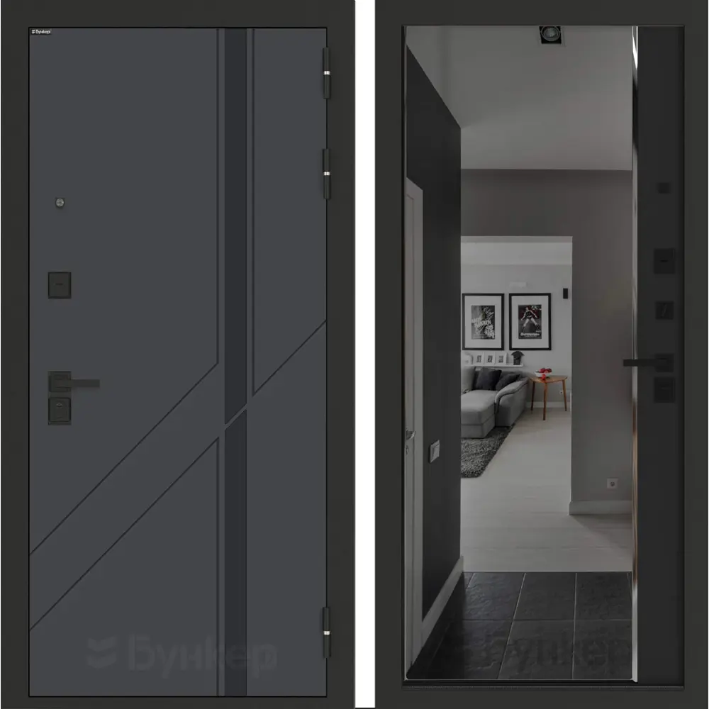 Фото Входная дверь Bunker Бункер BN-12 правый 205x88см цвет веллюто оскуро/черный кварц с зеркалом ФЛЗ-618