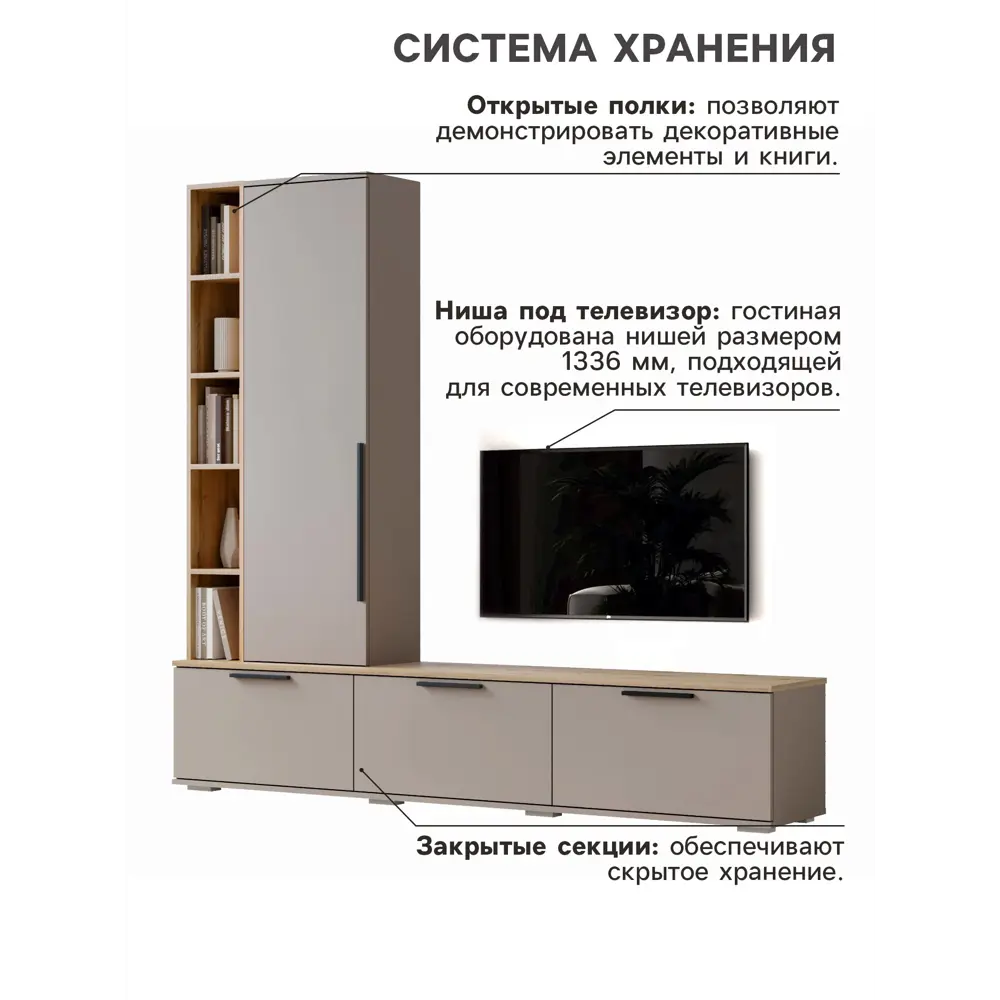 Фото 3 Модульная стенка Сима-ленд Селеста 200x182x34 см ЛДСП цвет кашемир/дуб вотан Фото 3 Модульная стенка Сима-ленд Селеста 200x182x34 см ЛДСП цвет кашемир/дуб вотан