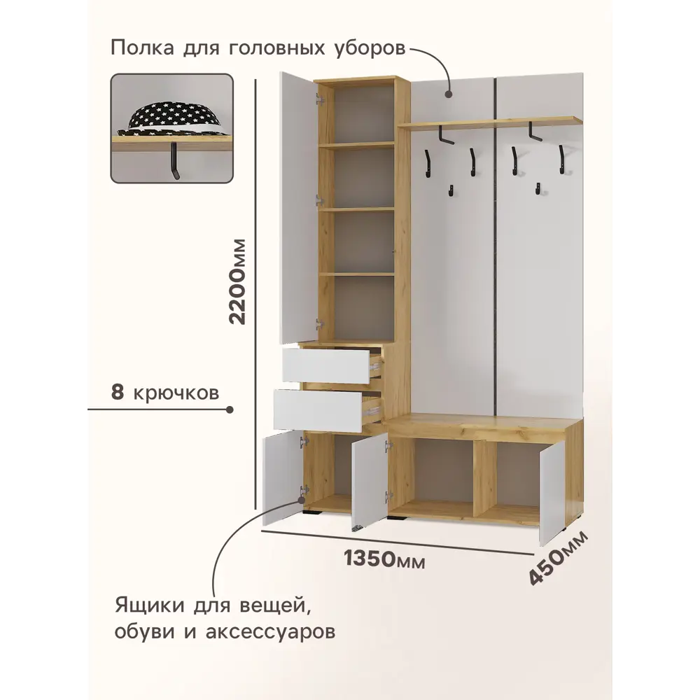 Фото 2 Комплект мебели для прихожей Сима-ленд Лора 135x220x45 см ЛДСП цвет крафт золотой/белый