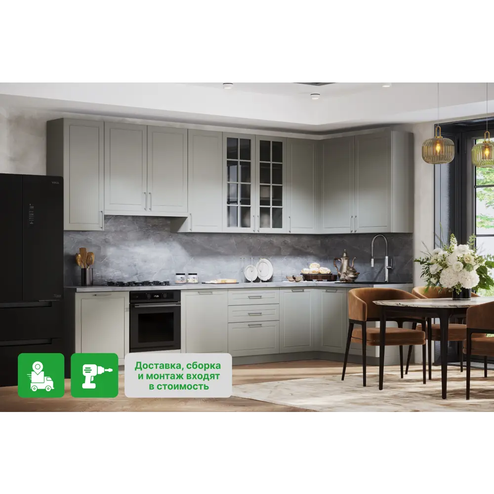 Фото Кухонный гарнитур угловой Стелла+ сборка ЛДСП/эмаль МДФ 150 см x 360 см x 249 см цвет светло-серый Фото Кухонный гарнитур угловой Стелла+ сборка ЛДСП/эмаль МДФ 150 см x 360 см x 249 см цвет светло-серый