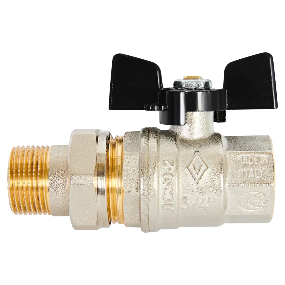 Фото 2 Кран шаровой с американкой прямой Bugatti Oregon DN20 PN40 3/4" НР/ВР латунь ручка бабочка