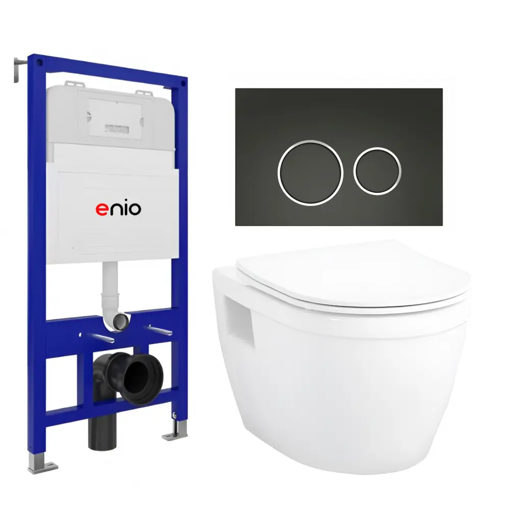 Фото Комплект инсталляция и унитаз 3 в 1 инсталляция Enio Tecnico EN8050052 унитаз подвесной Bolo EN8350034 и кнопка черная матовая, окантовка хром Rotondo