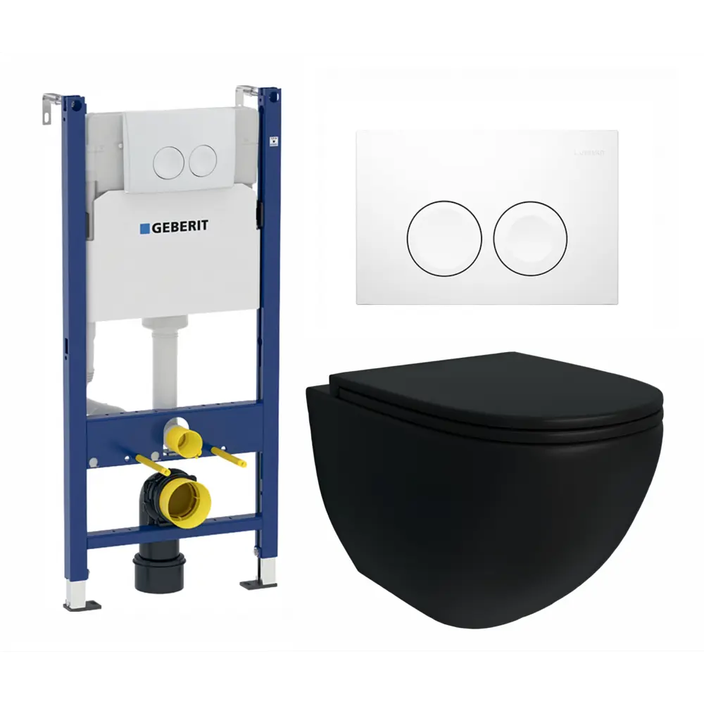 Фото Комплект инсталляция и унитаз 3 в 1 инсталляция Geberit Duofix унитаз Enio Unico BL EN4105055 и кнопка белая Фото Комплект инсталляция и унитаз 3 в 1 инсталляция Geberit Duofix унитаз Enio Unico BL EN4105055 и кнопка белая