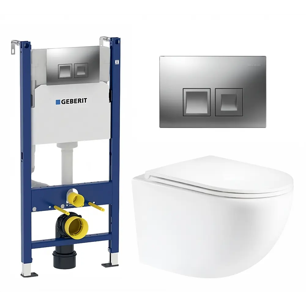 Фото Комплект инсталляция и унитаз 3 в 1 инсталляция Geberit Duofix унитаз подвесной Enio Unico EN3103895 и кнопка хром матовый