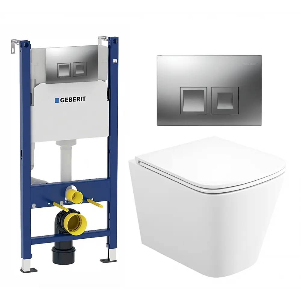 Фото Комплект инсталляция и унитаз 3 в 1 инсталляция Geberit Duofix унитаз подвесной Enio Binario EN4215896 и кнопка хром матовый