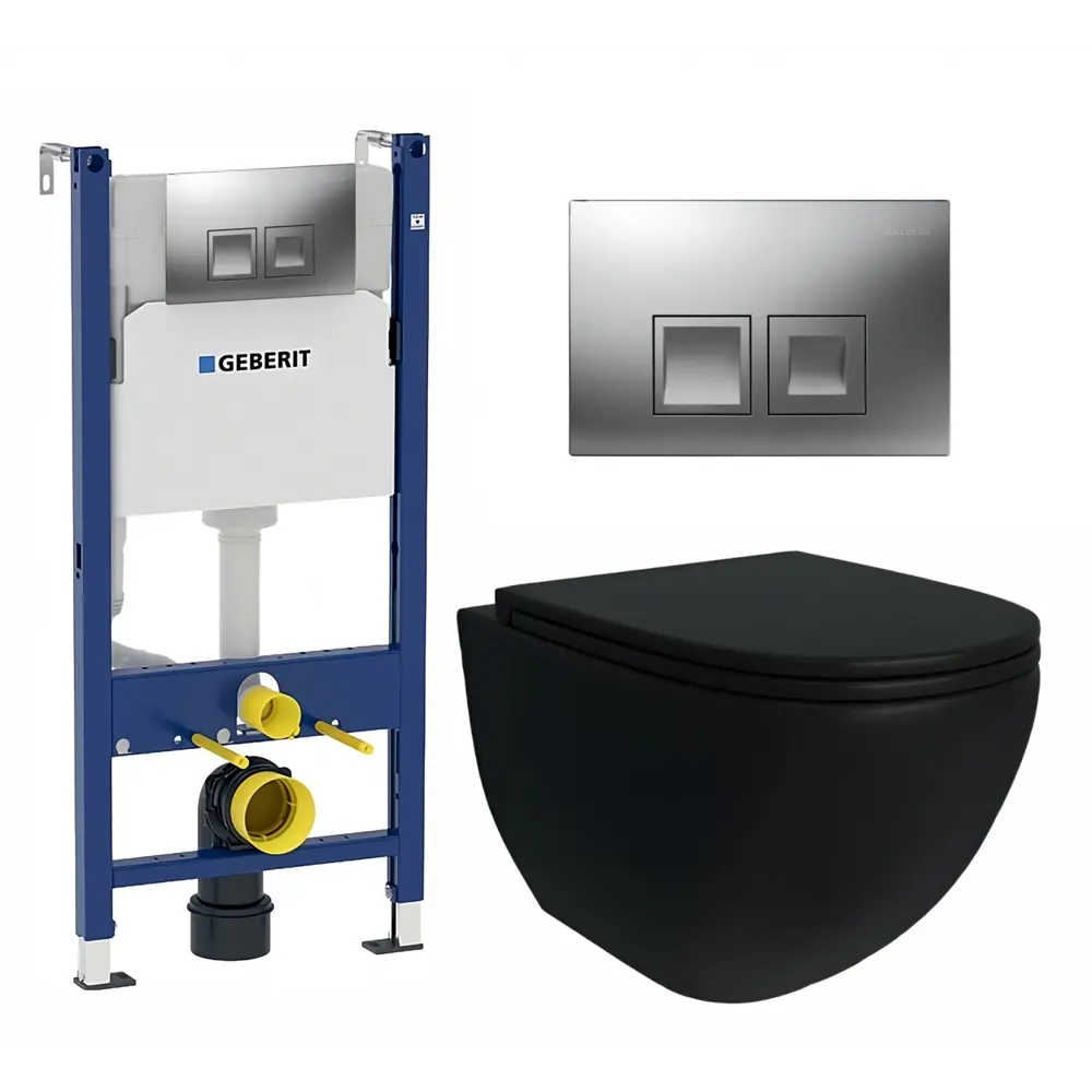 Фото Комплект инсталляция и унитаз 3 в 1 инсталляция Geberit Duofix унитаз подвесной Enio Unico BL EN4105055 и кнопка хром матовый