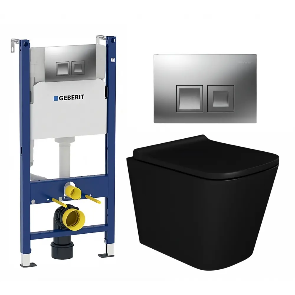 Фото Комплект инсталляция и унитаз 3 в 1 инсталляция Geberit Duofix унитаз подвесной Enio Binario BL EN4180225 и кнопка хром матовый