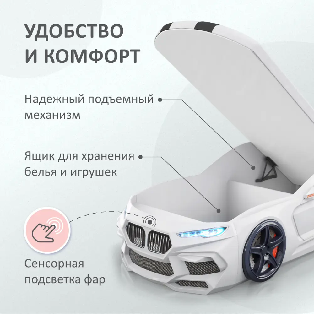 Фото 2 Кровать-машина Romack Romeo-M подсветка фар 170x70 см ЛДСП цвет белый