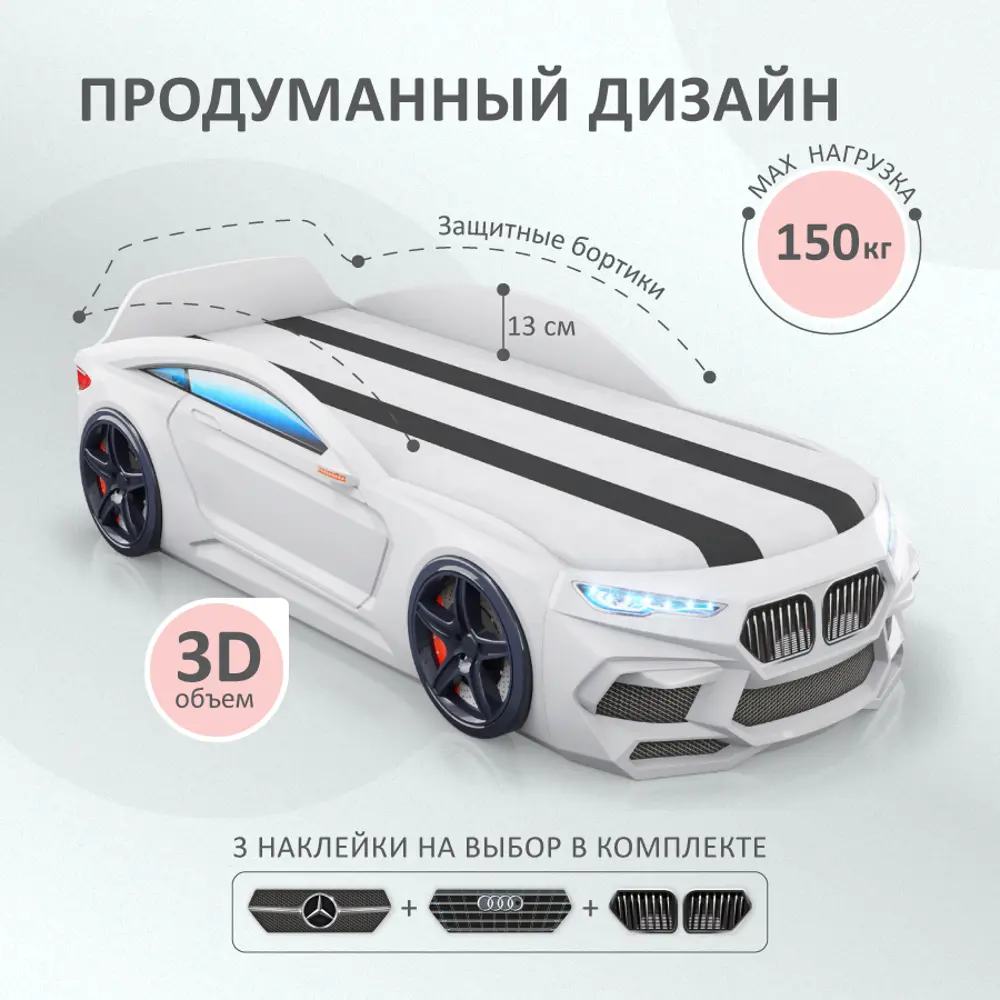 Фото 4 Кровать-машина Romack Romeo-M подсветка фар 170x70 см ЛДСП цвет белый