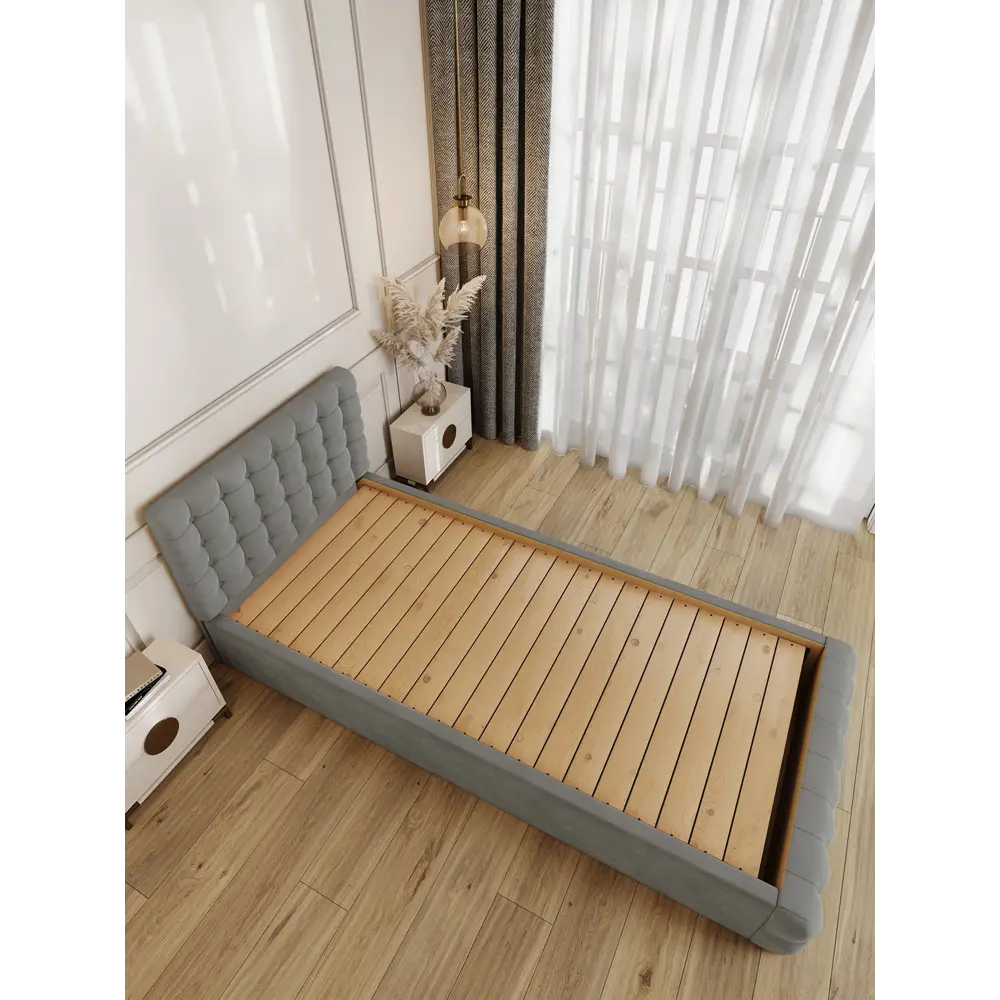 Фото 2 Кровать Solarius Эпсилон 200x80 см сплошное основание обивка с каретной стяжкой с пуговицами цвет светло-серый Фото 2 Кровать Solarius Эпсилон 200x80 см сплошное основание обивка с каретной стяжкой с пуговицами цвет светло-серый