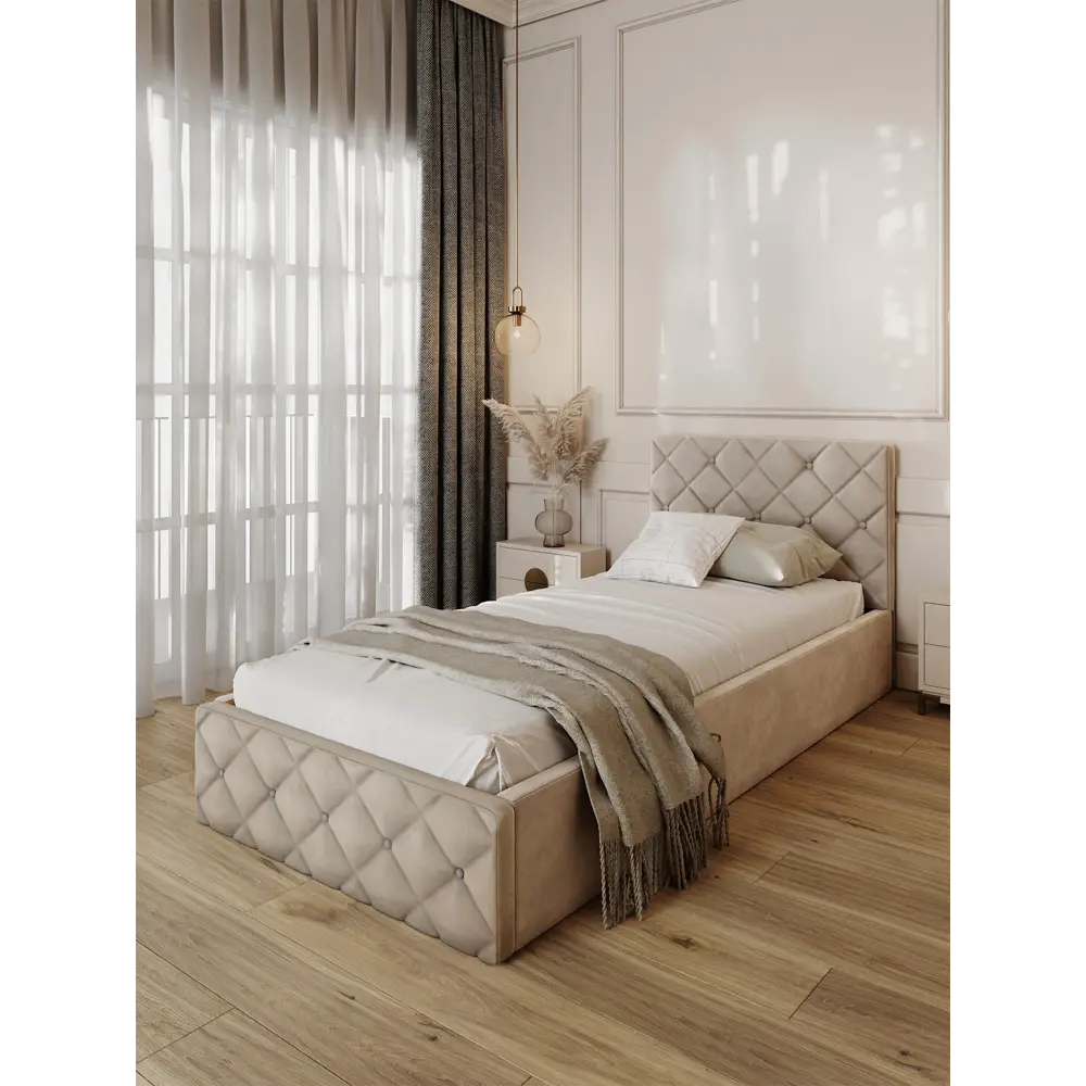 Фото 3 Кровать Solarius Эпсилон 200x90 см сплошное основание обивка с ромбовидным узором с пуговицами цвет бежевый Фото 3 Кровать Solarius Эпсилон 200x90 см сплошное основание обивка с ромбовидным узором с пуговицами цвет бежевый